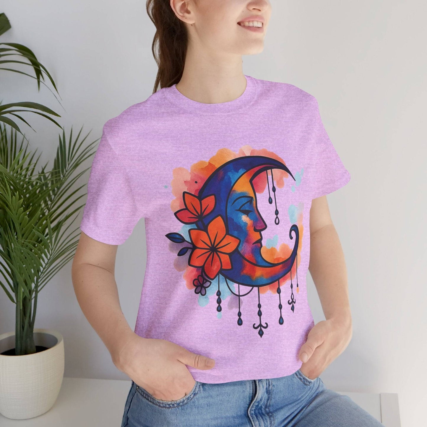 Heather lilac Colorful Boho Crescent Moon T-Shirt with floral moon goddess design, ideal for artistic, faith-based, and celestial-themed outfits.