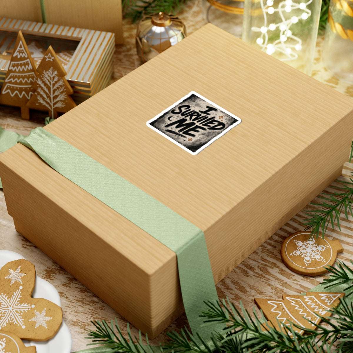 Gift box with green ribbon featuring 'I Survived Me' sticker, combining grunge aesthetics with thoughtful holiday presentation.