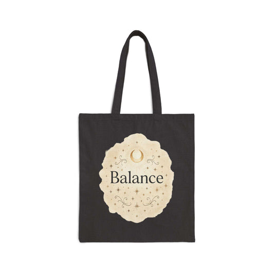 Black tote bag with 'Balance' design on a white background