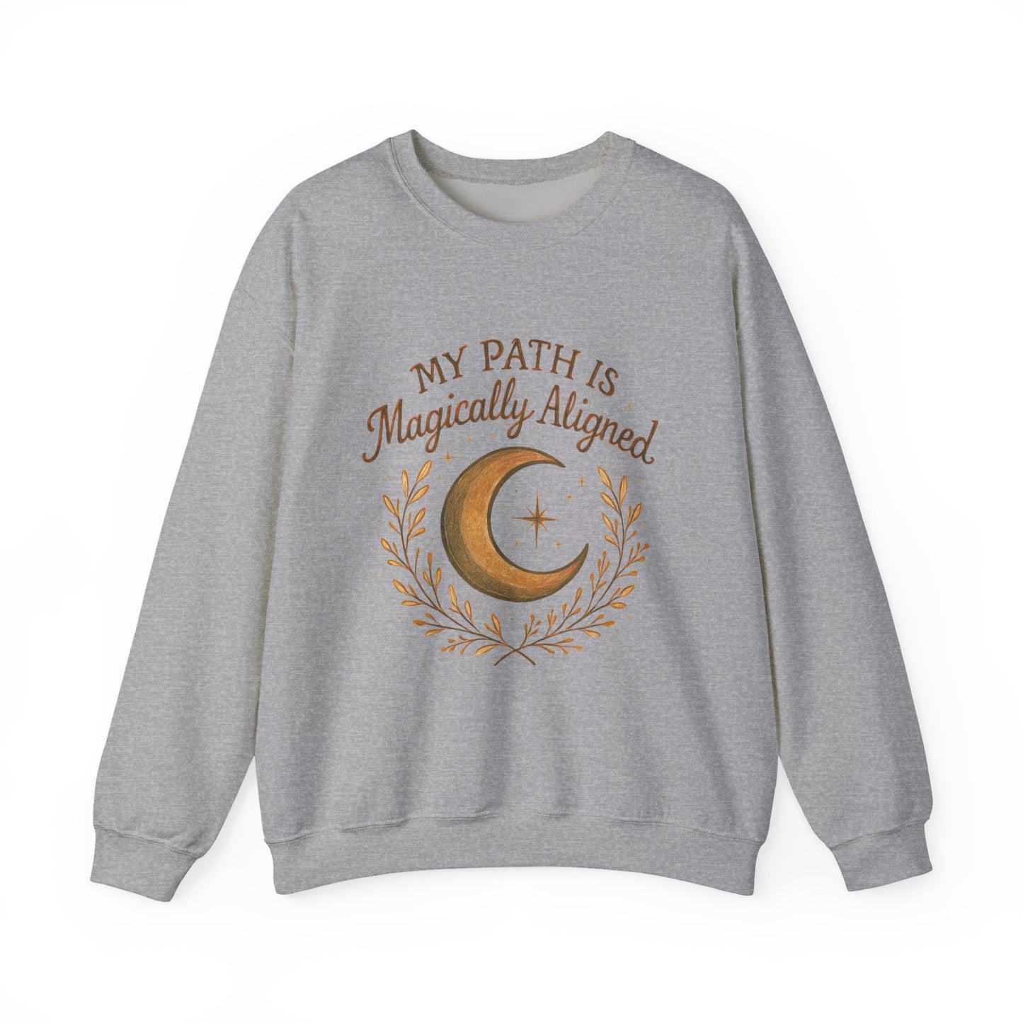 Flat lay of gray My Path Is Magically Aligned Crescent Moon Sweatshirt with magical alignment motif, great for crystal lovers and mystics.