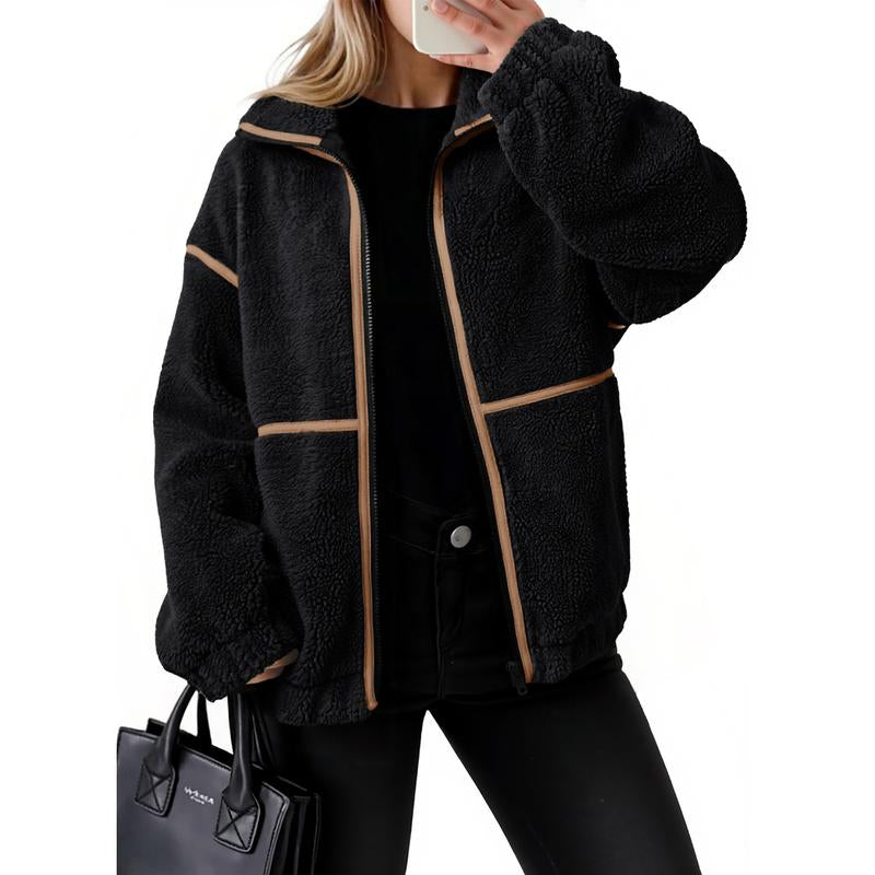 Dokotoo Womens Coat Casual Lapel Full Zip Fleece Jacket Long Sleeve Oversized Warm Winter Outwear with Pockets