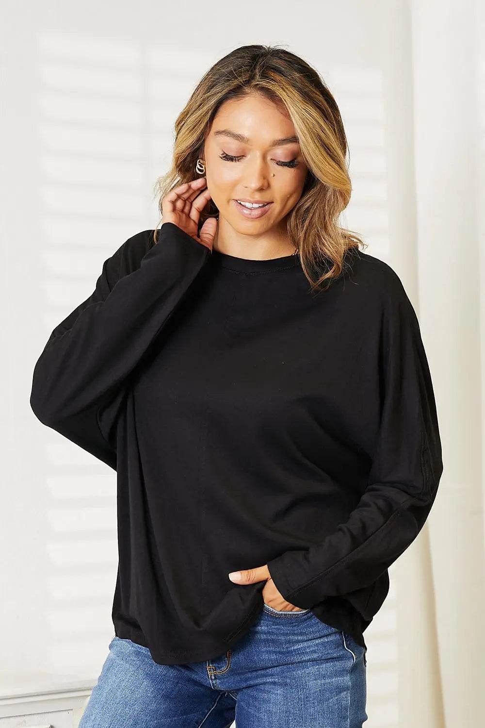 Double Take Seam Detail Round Neck Long Sleeve Top - Dream Studio Prints