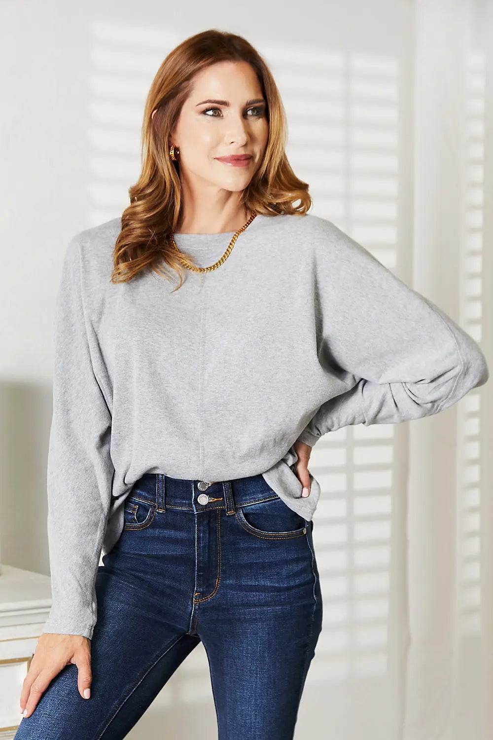 Double Take Seam Detail Round Neck Long Sleeve Top - Dream Studio Prints