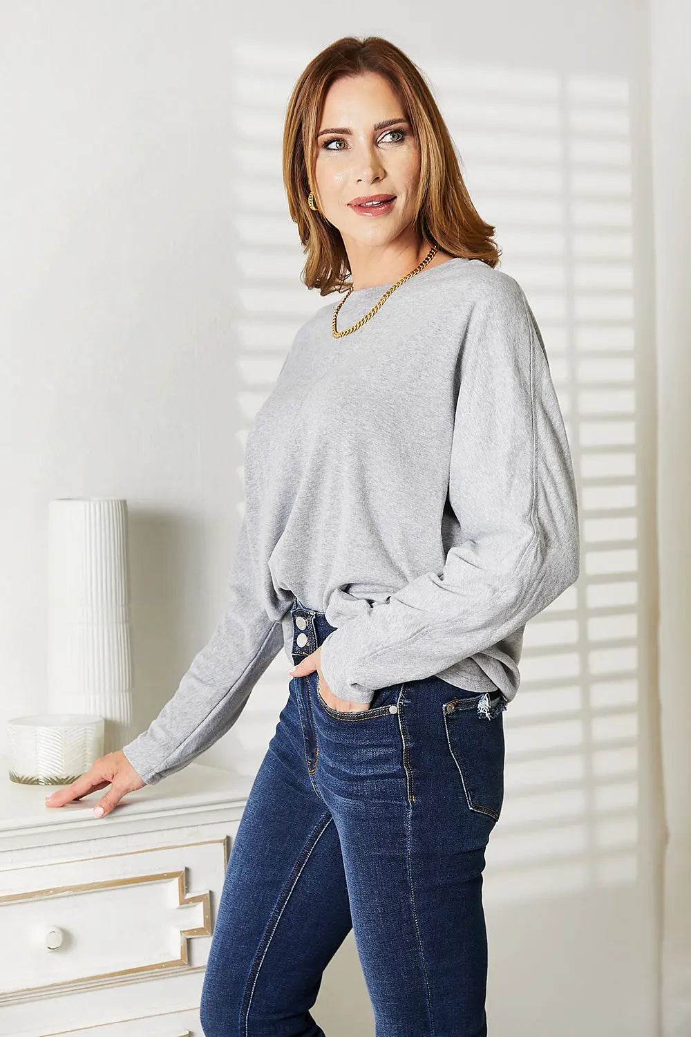 Double Take Seam Detail Round Neck Long Sleeve Top - Dream Studio Prints