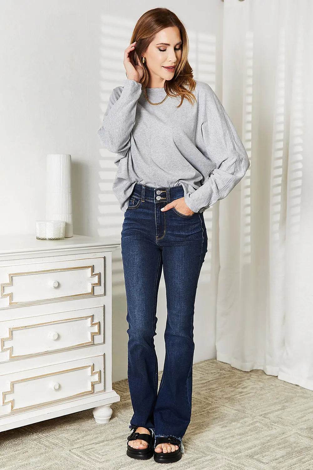 Double Take Seam Detail Round Neck Long Sleeve Top - Dream Studio Prints