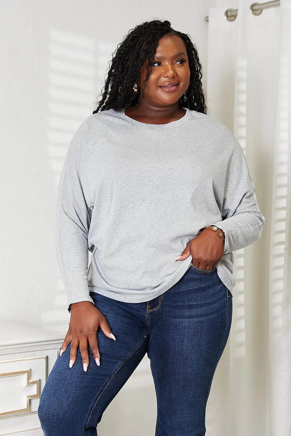 Double Take Seam Detail Round Neck Long Sleeve Top - Dream Studio Prints