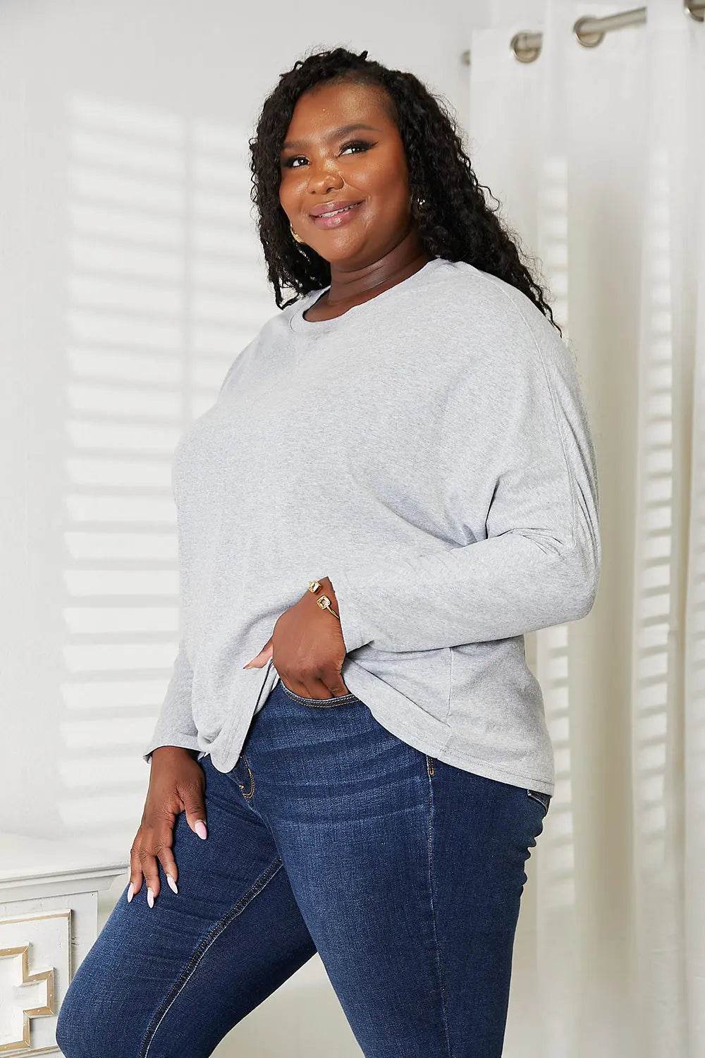 Double Take Seam Detail Round Neck Long Sleeve Top - Dream Studio Prints