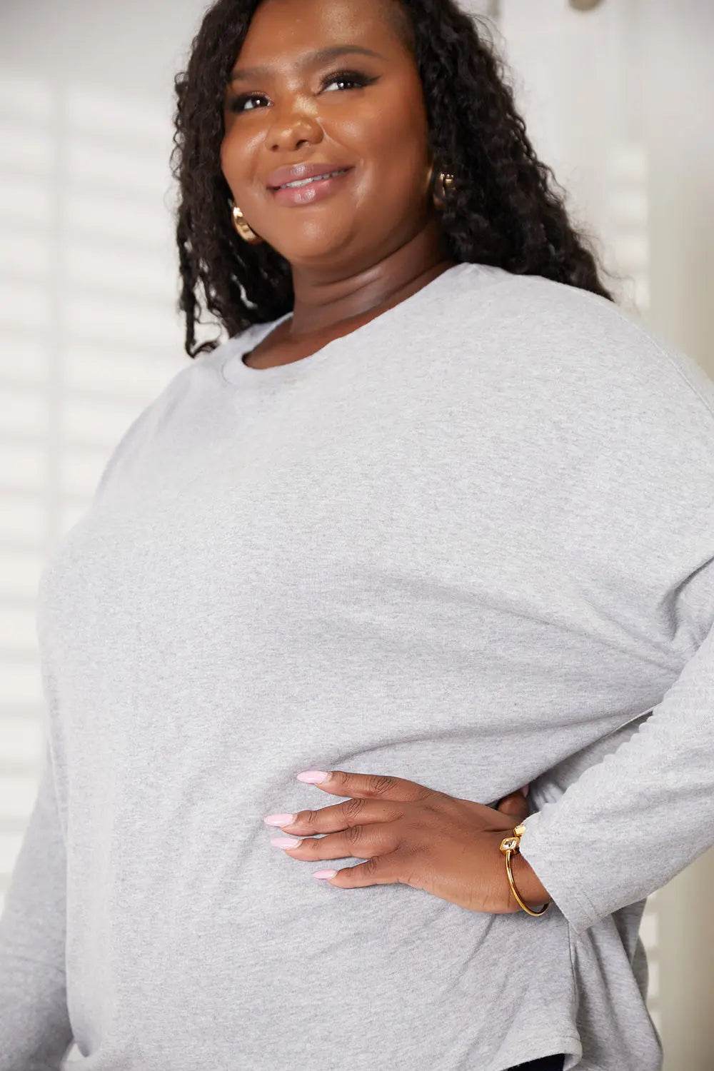 Double Take Seam Detail Round Neck Long Sleeve Top - Dream Studio Prints