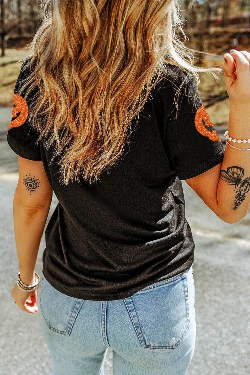Halloween T-Shirt Full Size Glitter Jack-O'-Lantern Short Sleeve T-Shirt - Dream Studio Prints