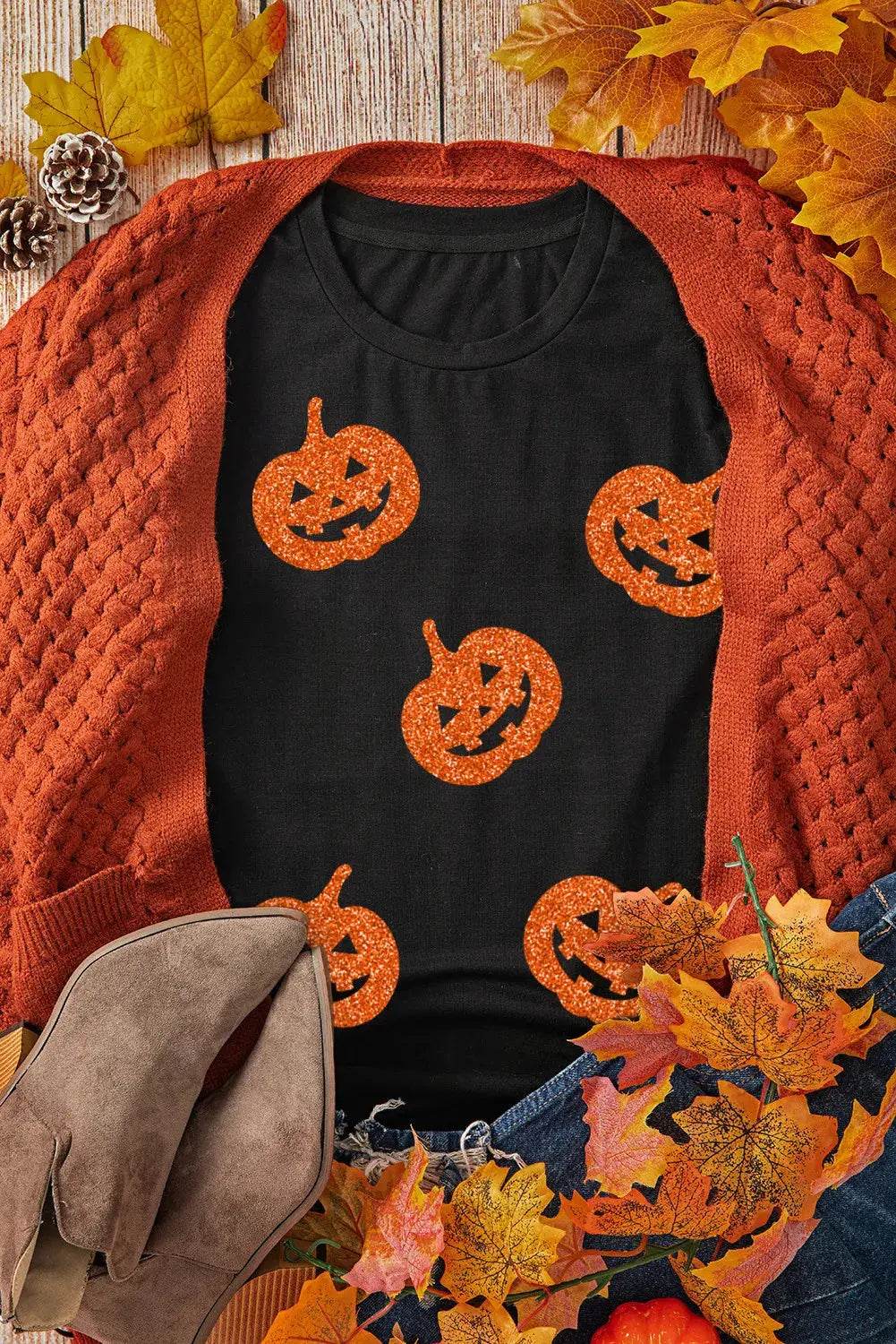 Halloween T-Shirt Full Size Glitter Jack-O'-Lantern Short Sleeve T-Shirt - Dream Studio Prints
