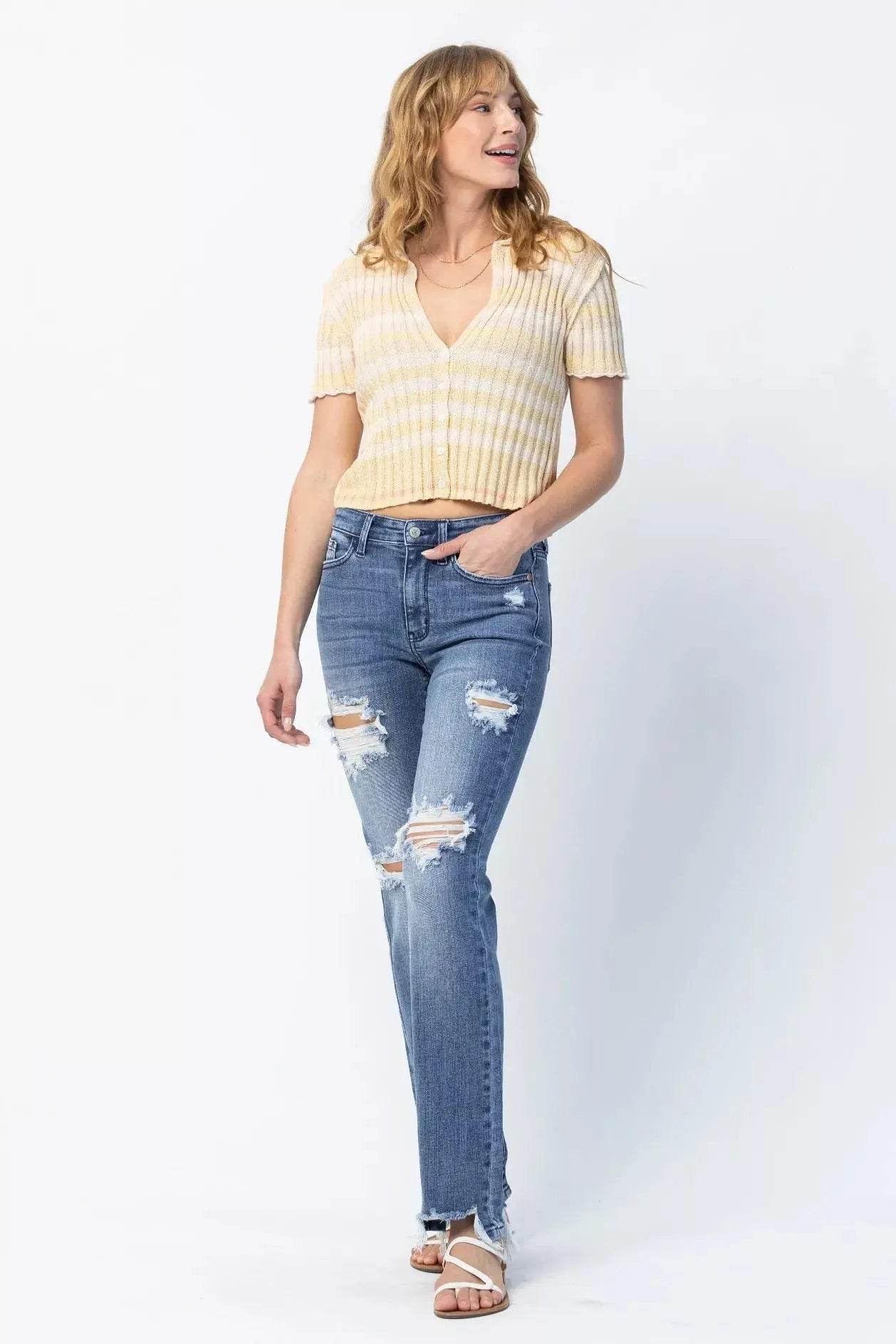 Judy Blue Full Size Mid Rise Destroy Straight Jeans Plus Size - Dream Studio Prints