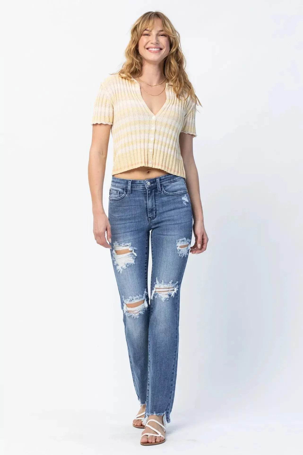 Judy Blue Full Size Mid Rise Destroy Straight Jeans Plus Size - Dream Studio Prints
