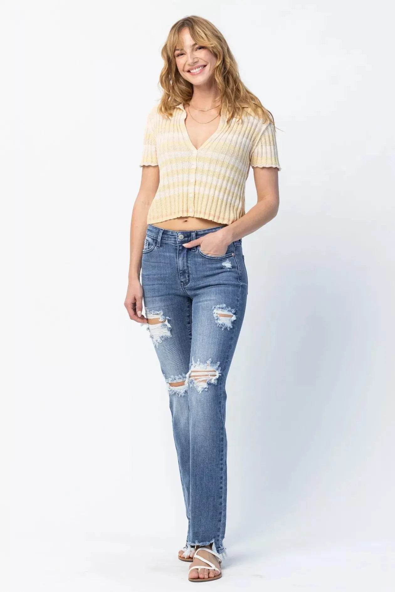 Judy Blue Full Size Mid Rise Destroy Straight Jeans Plus Size - Dream Studio Prints