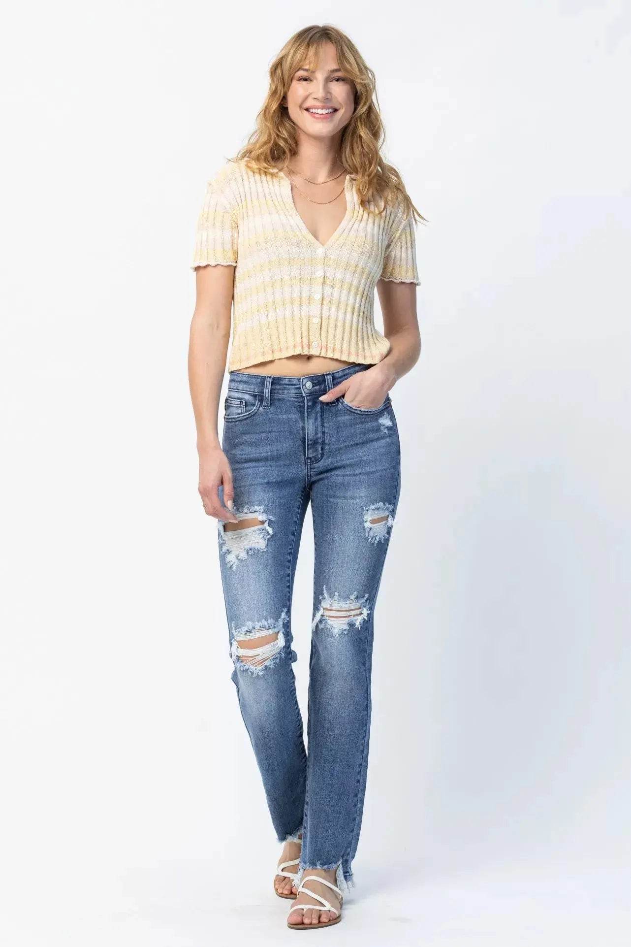 Judy Blue Full Size Mid Rise Destroy Straight Jeans Plus Size - Dream Studio Prints
