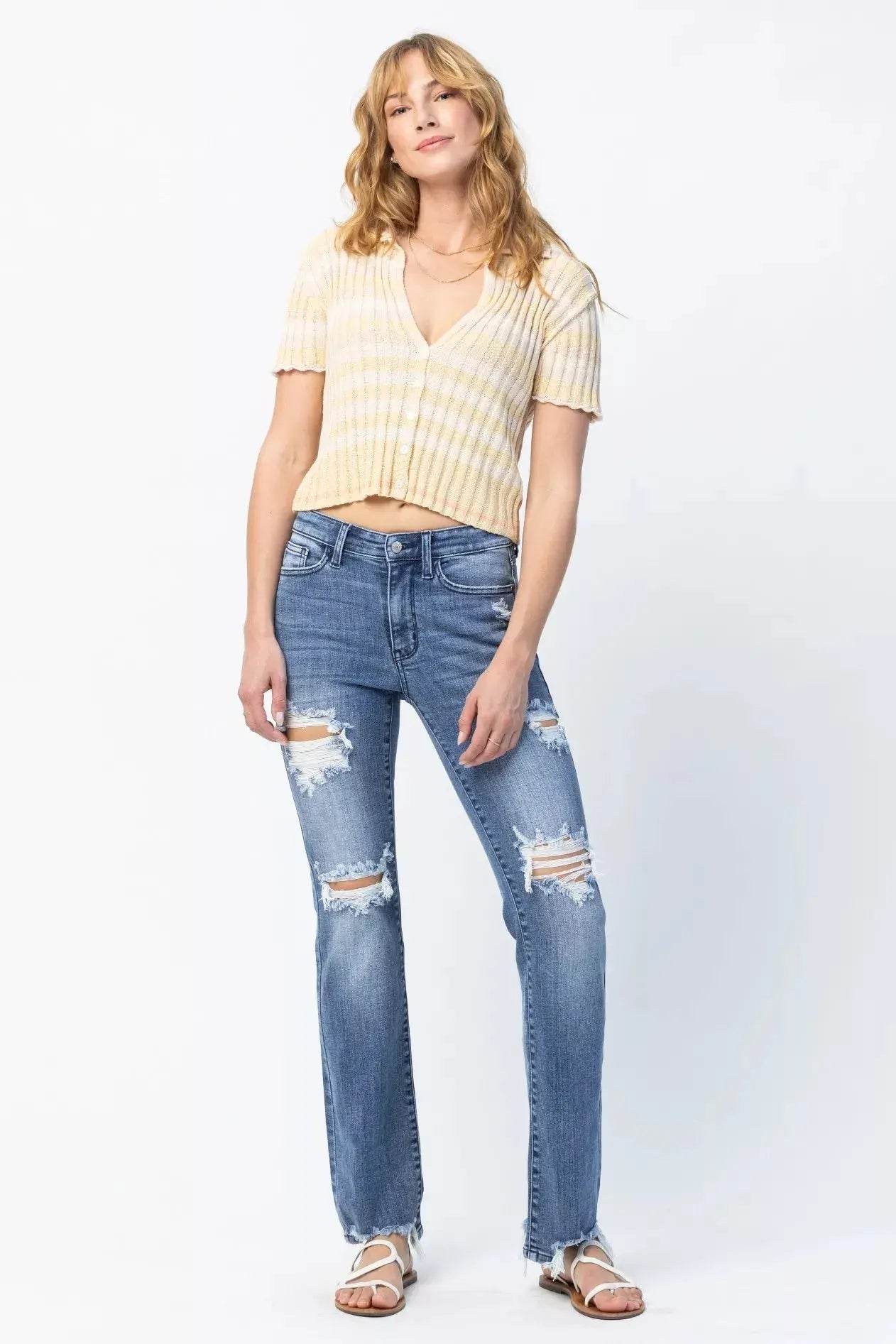 Judy Blue Full Size Mid Rise Destroy Straight Jeans Plus Size - Dream Studio Prints