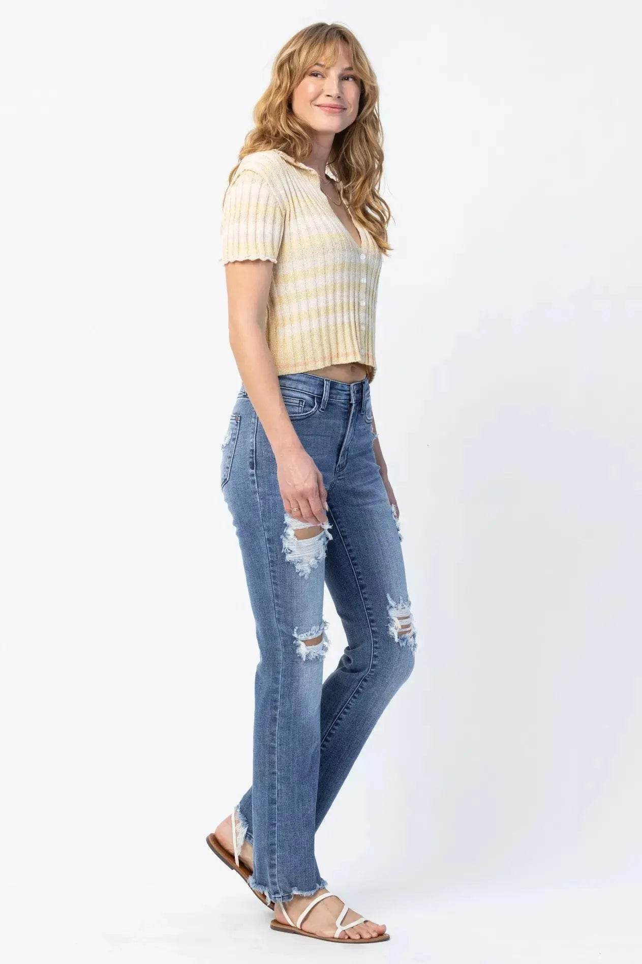 Judy Blue Full Size Mid Rise Destroy Straight Jeans Plus Size - Dream Studio Prints