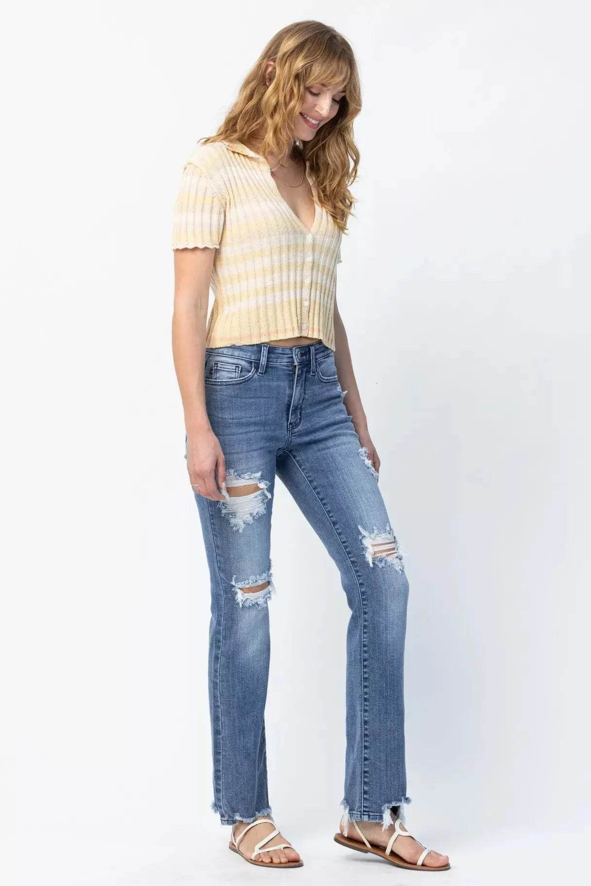 Judy Blue Full Size Mid Rise Destroy Straight Jeans Plus Size - Dream Studio Prints