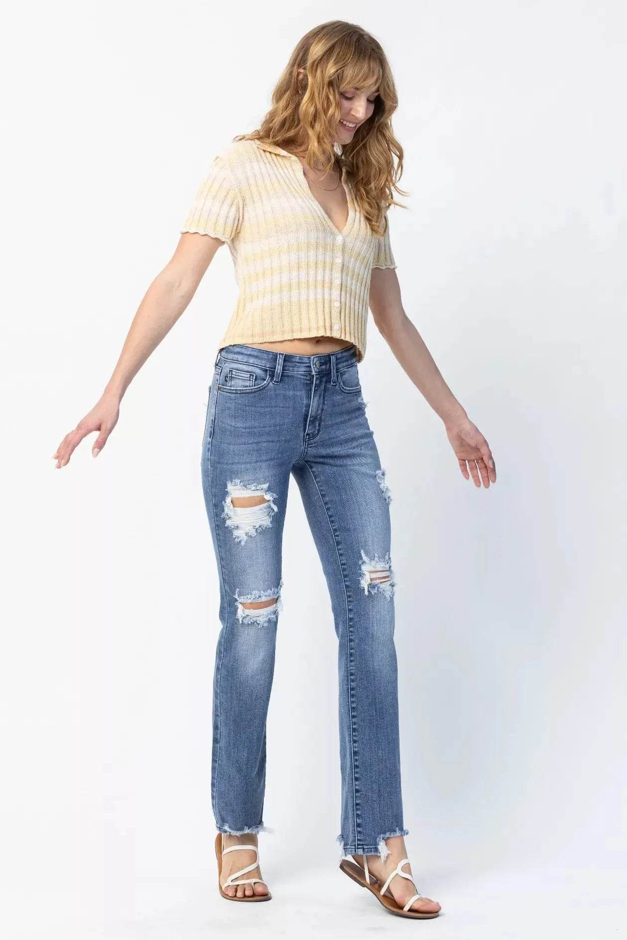 Judy Blue Full Size Mid Rise Destroy Straight Jeans Plus Size - Dream Studio Prints