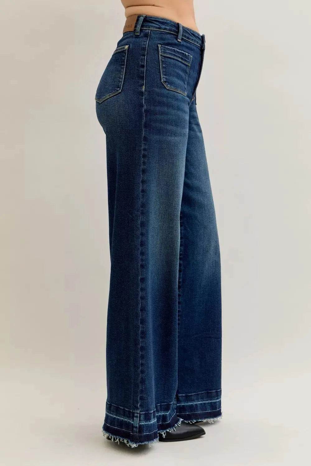 Judy Blue High Waist Palazzo Jeans with Front Patch Pockets - Dream Studio Prints