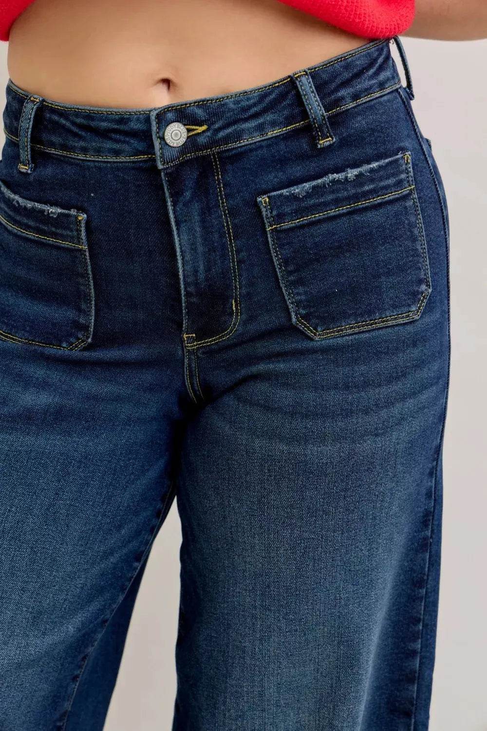 Judy Blue High Waist Palazzo Jeans with Front Patch Pockets - Dream Studio Prints