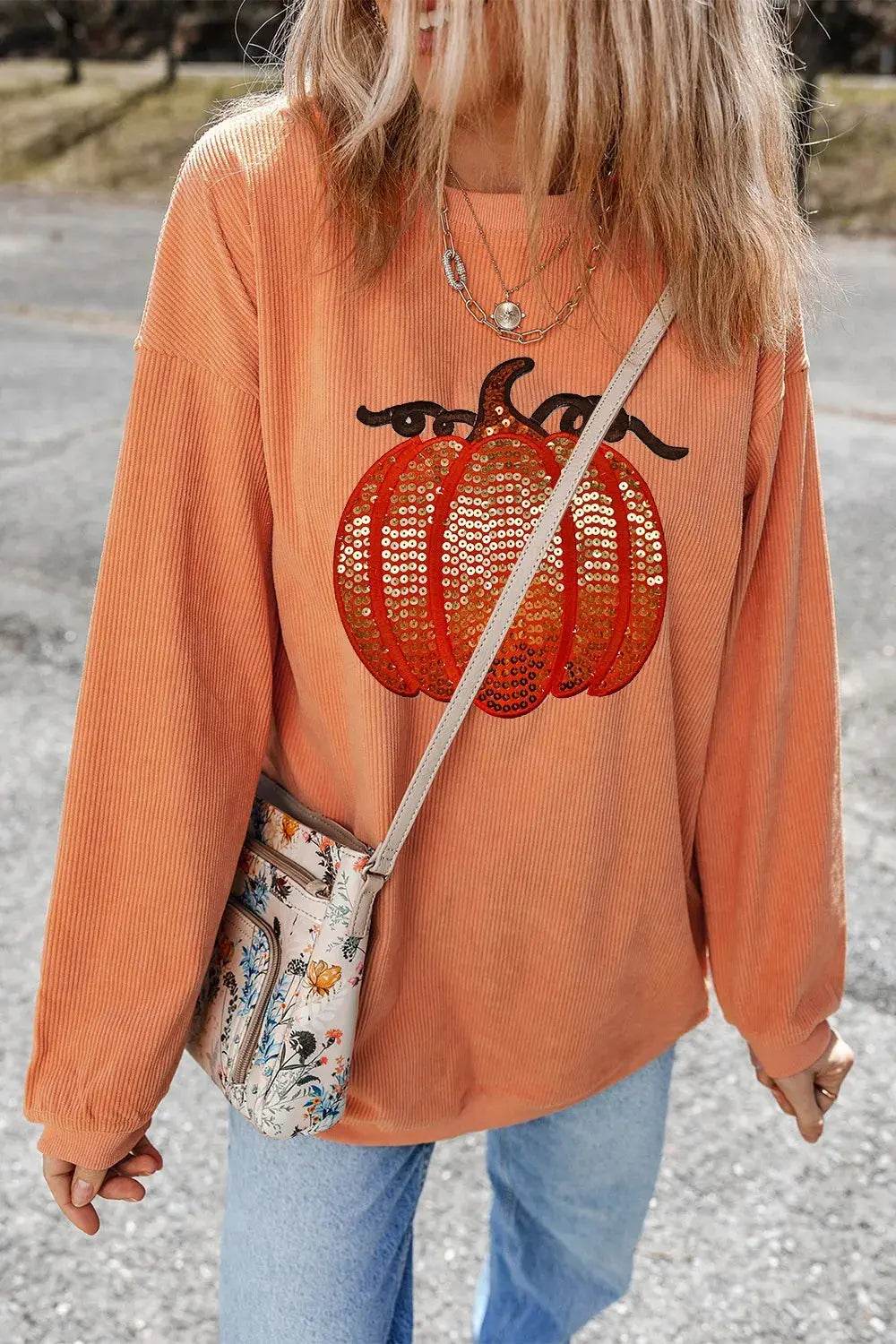 Sequin Pumpkin Round Neck Long Sleeve Sweatshirt - Dream Studio Prints