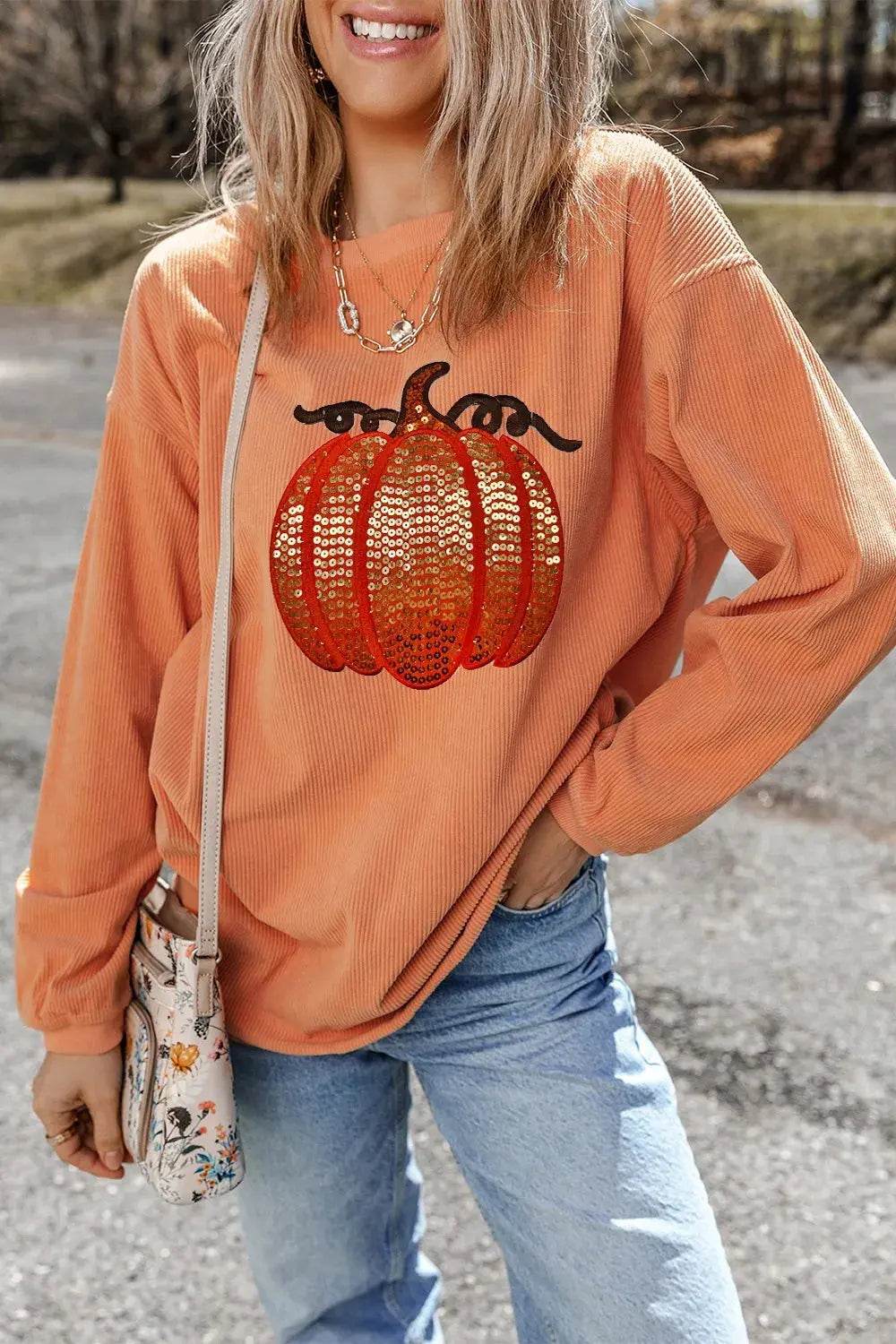 Sequin Pumpkin Round Neck Long Sleeve Sweatshirt - Dream Studio Prints
