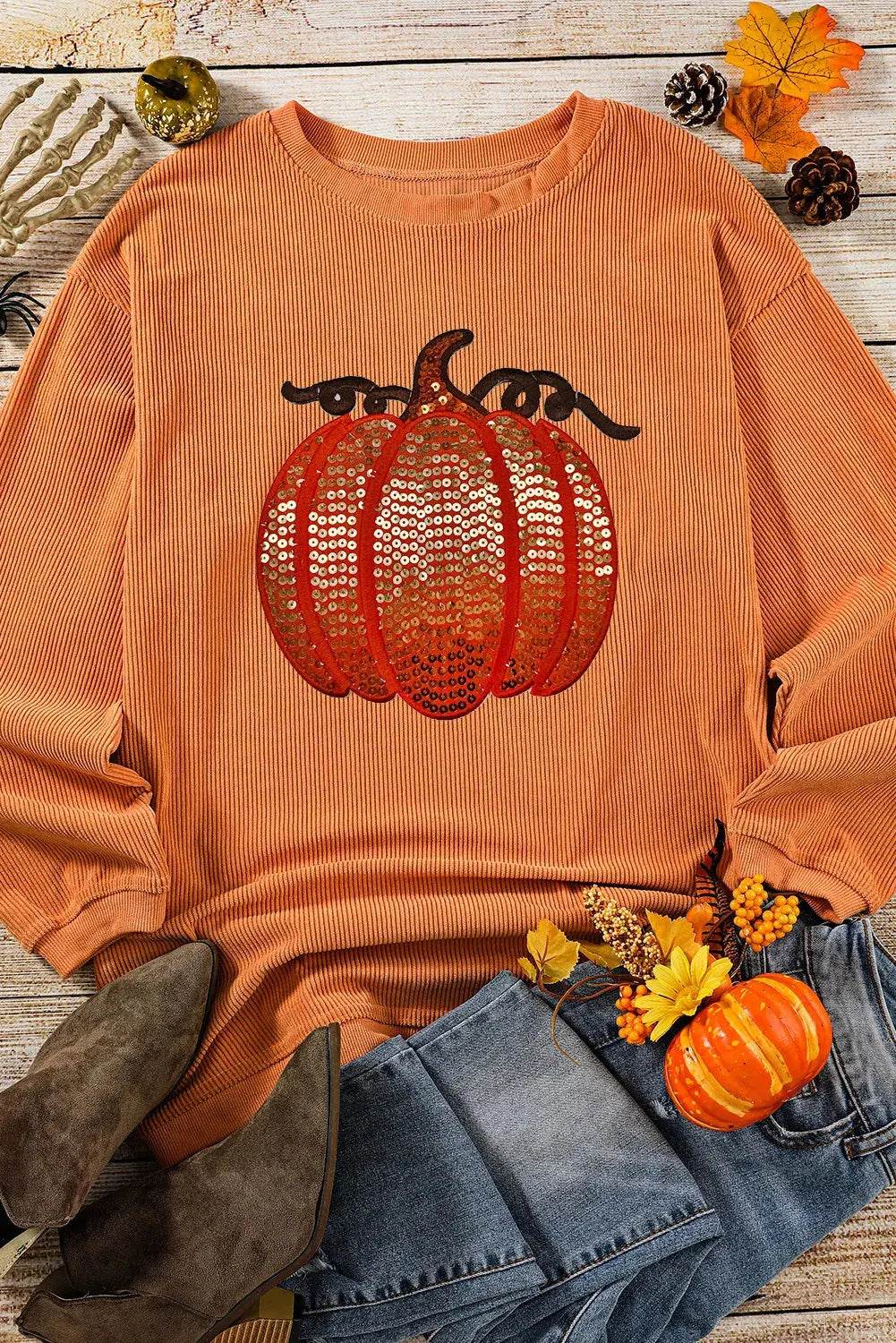 Sequin Pumpkin Round Neck Long Sleeve Sweatshirt - Dream Studio Prints