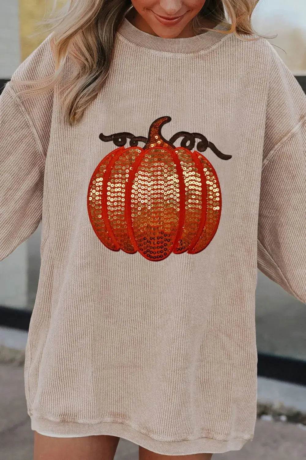 Sequin Pumpkin Round Neck Long Sleeve Sweatshirt - Dream Studio Prints