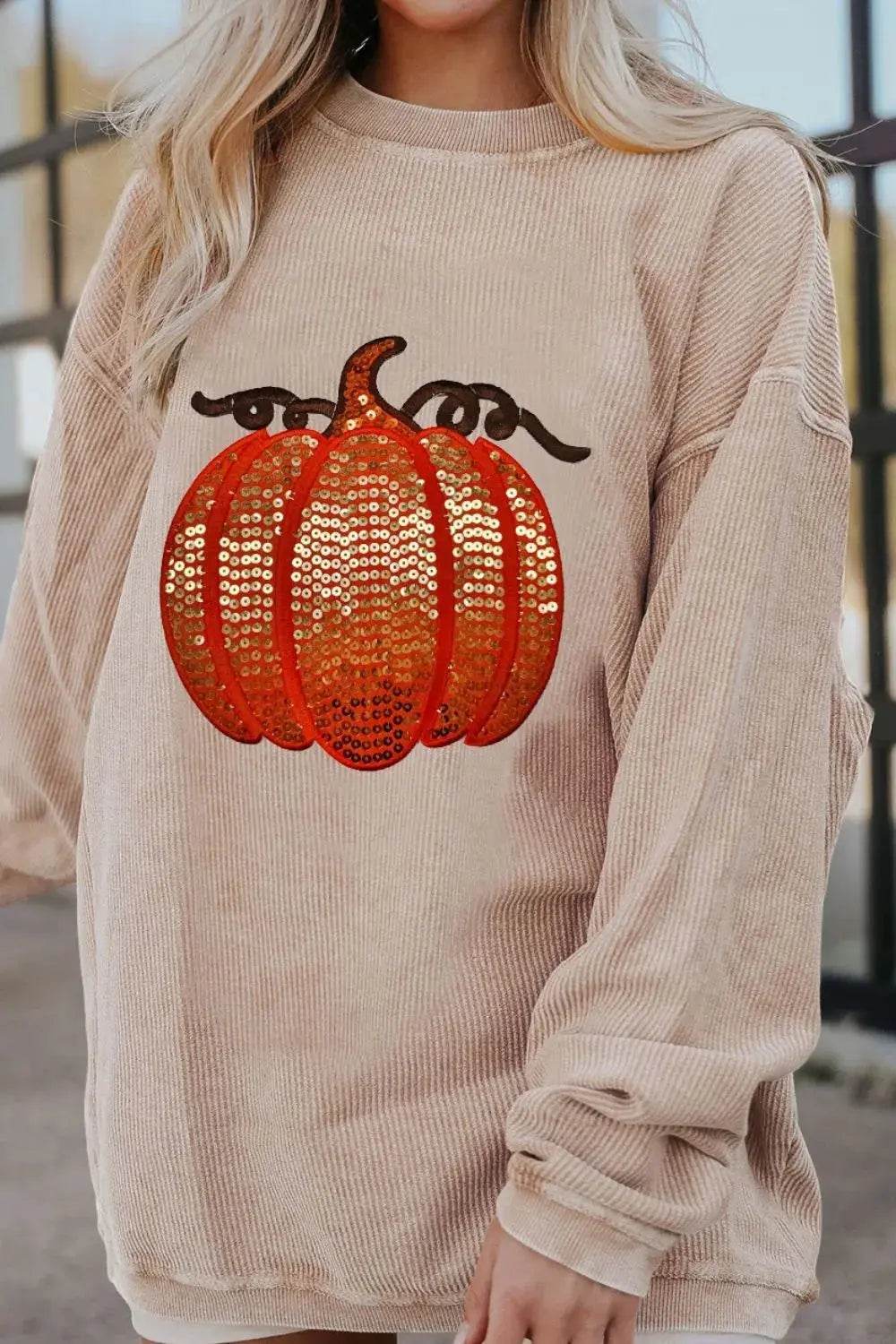Sequin Pumpkin Round Neck Long Sleeve Sweatshirt - Dream Studio Prints