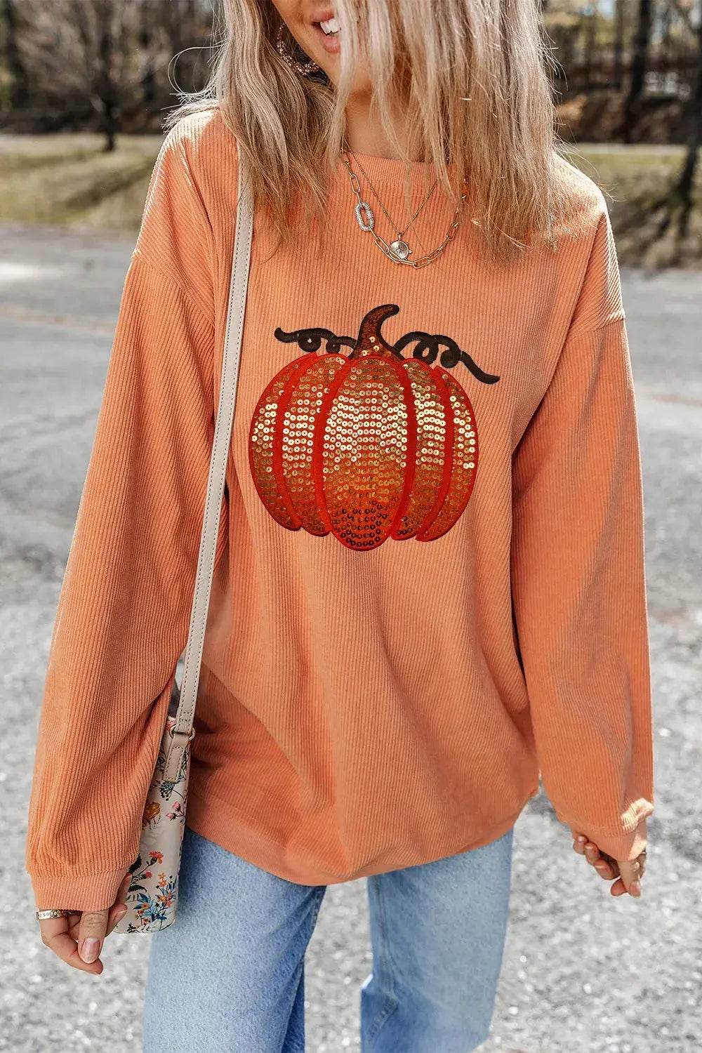 Sequin Pumpkin Round Neck Long Sleeve Sweatshirt - Dream Studio Prints