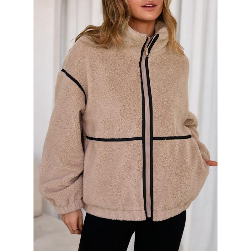 Dokotoo Womens Coat Casual Lapel Full Zip Fleece Jacket Long Sleeve Oversized Warm Winter Outwear with Pockets