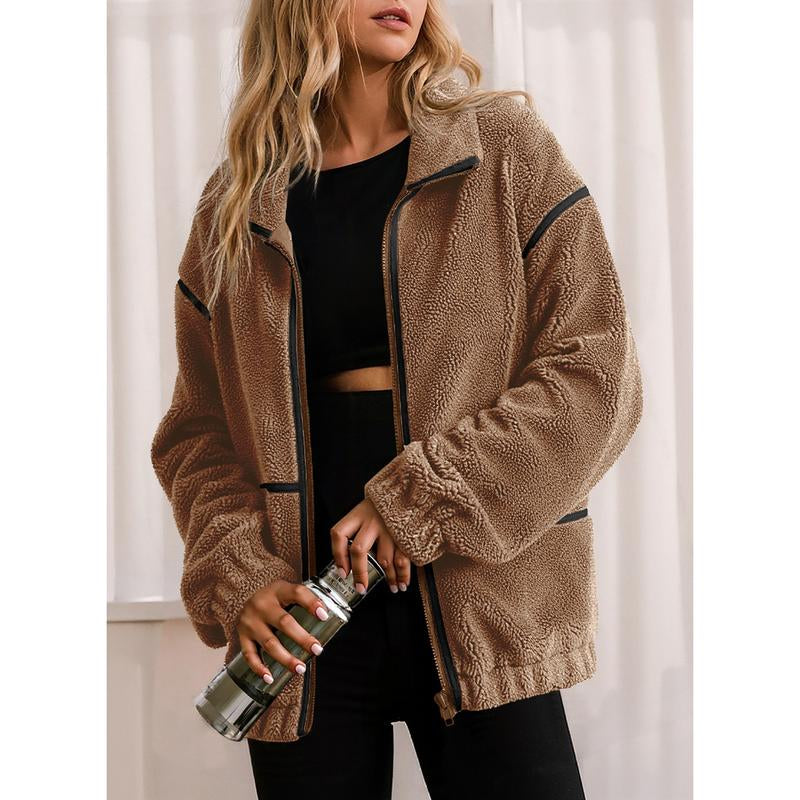 Dokotoo Womens Coat Casual Lapel Full Zip Fleece Jacket Long Sleeve Oversized Warm Winter Outwear with Pockets
