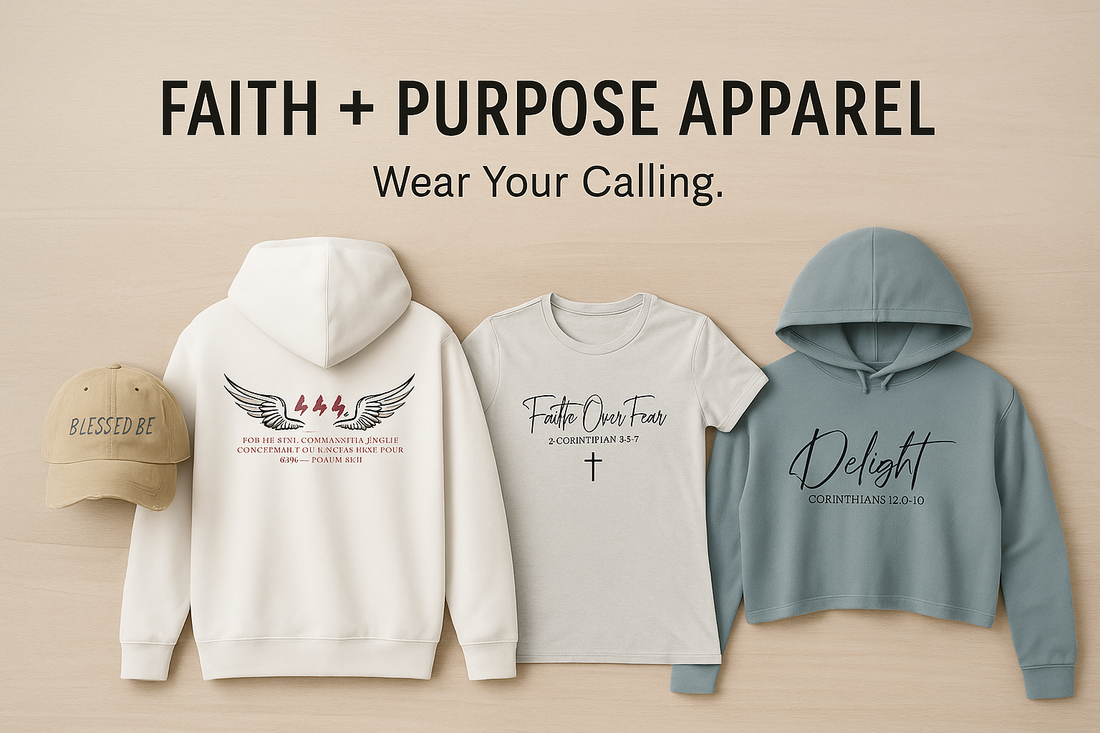 Faith and Purpose Apparel collection featuring Christian-themed hoodie, t-shirt, and cap.
