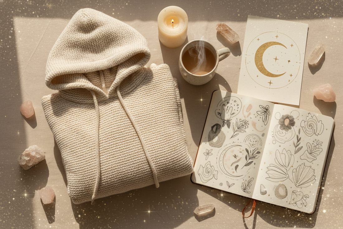 Cozy hoodie and sketchbook with celestial art in dreamy studio setting