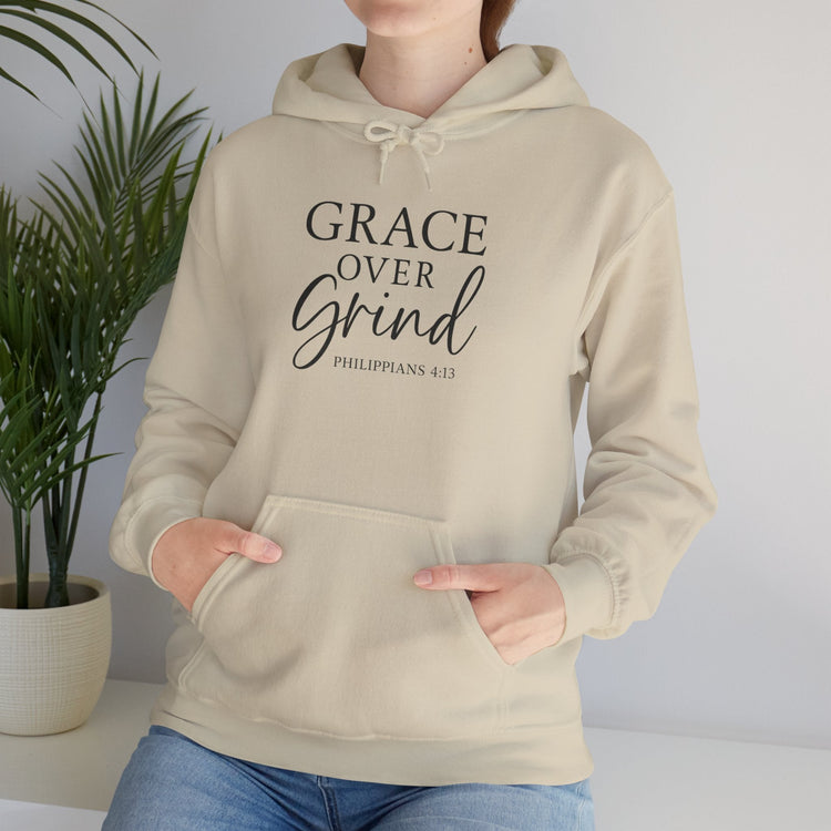 Beige “Grace Over Grind” hoodie – faith-inspired apparel from Dream Studio Prints