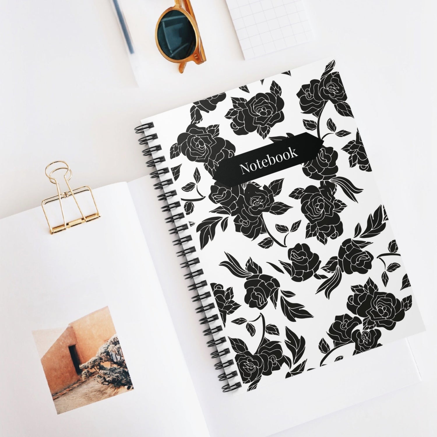 Black floral spiral notebook for creative writing and planning