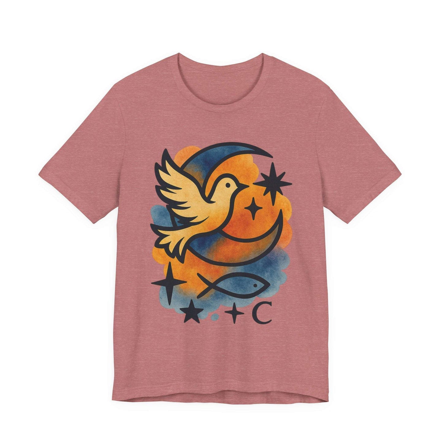 Dove & Crescent Moon Graphic Tee — Spiritual Dove Fish Symbol T-Shirt - Dream Studio Prints