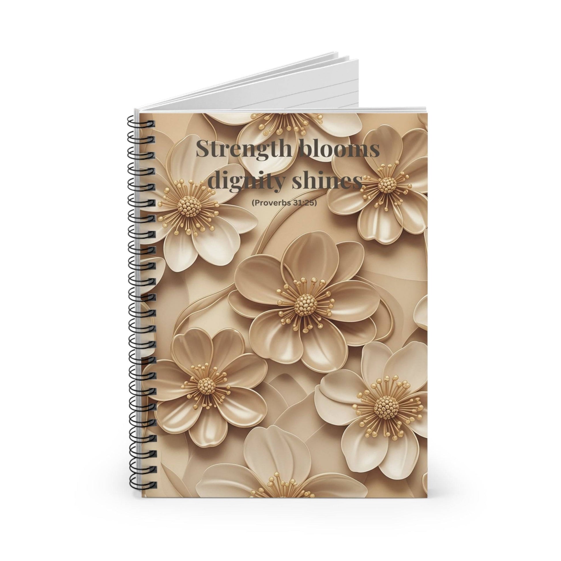 Christian spiral journal featuring Proverbs 31:25 and elegant beige floral design, perfect for devotional writing and daily reflection.