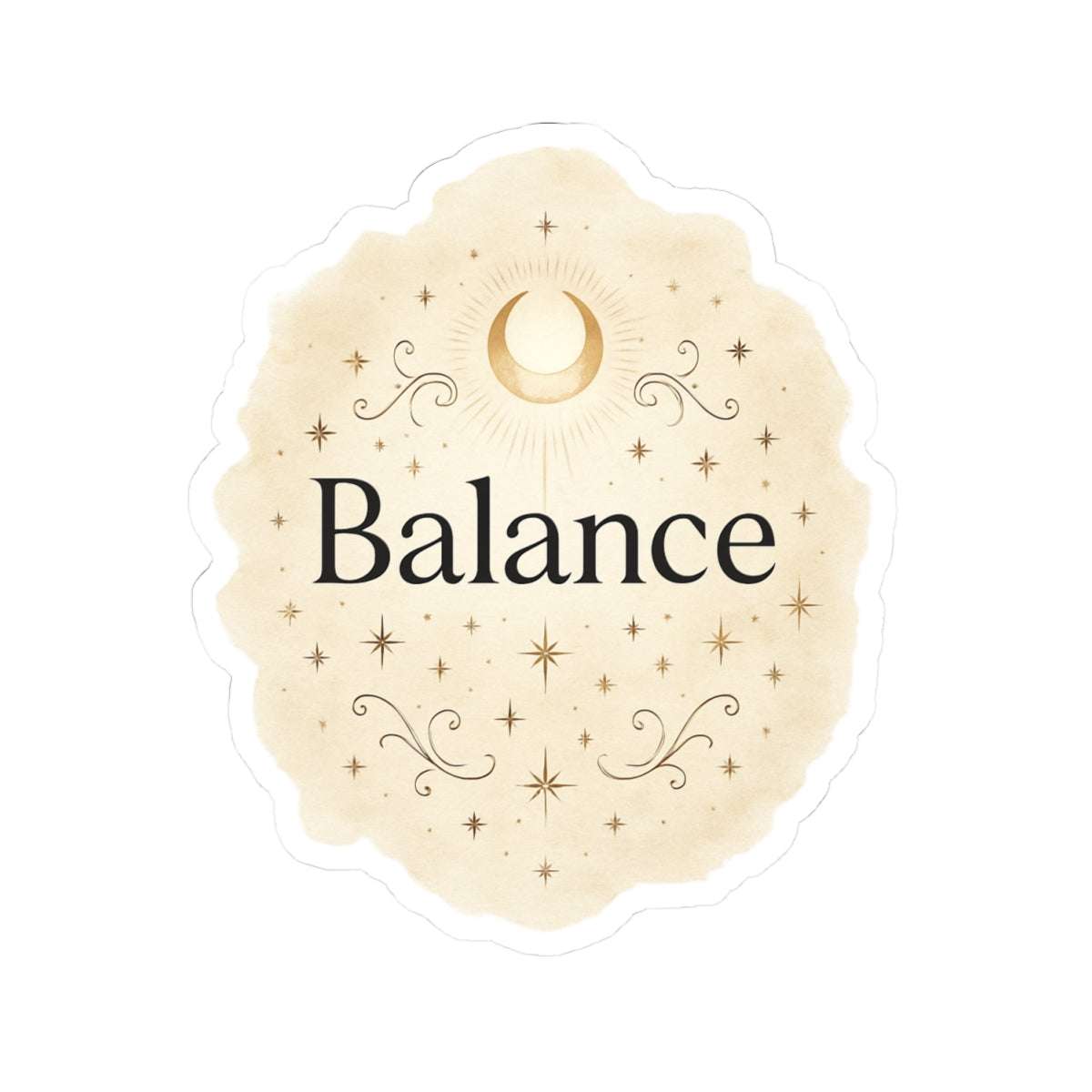 Balance themed round sticker placed on a neutral background, featuring elegant gold floral accents and inspirational typography.”