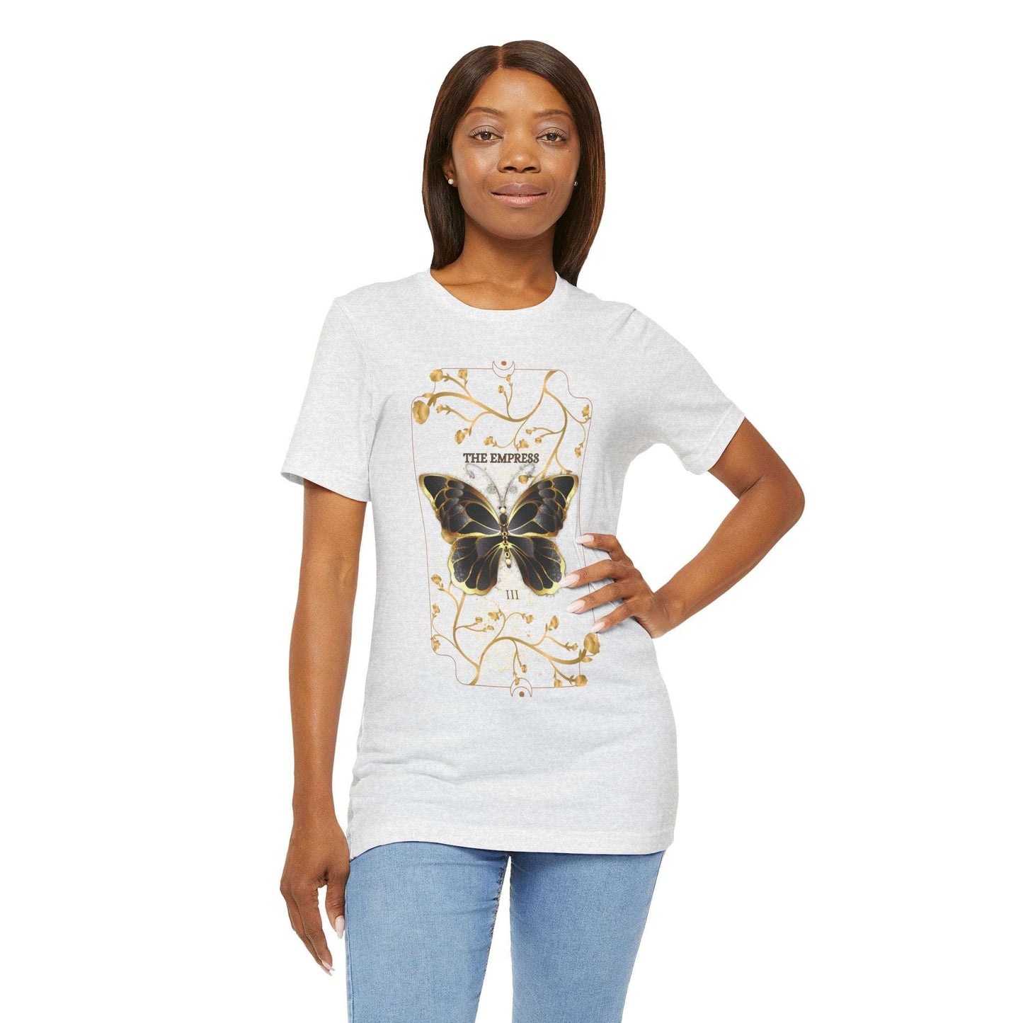 Woman wearing butterfly botanical Christian t-shirt