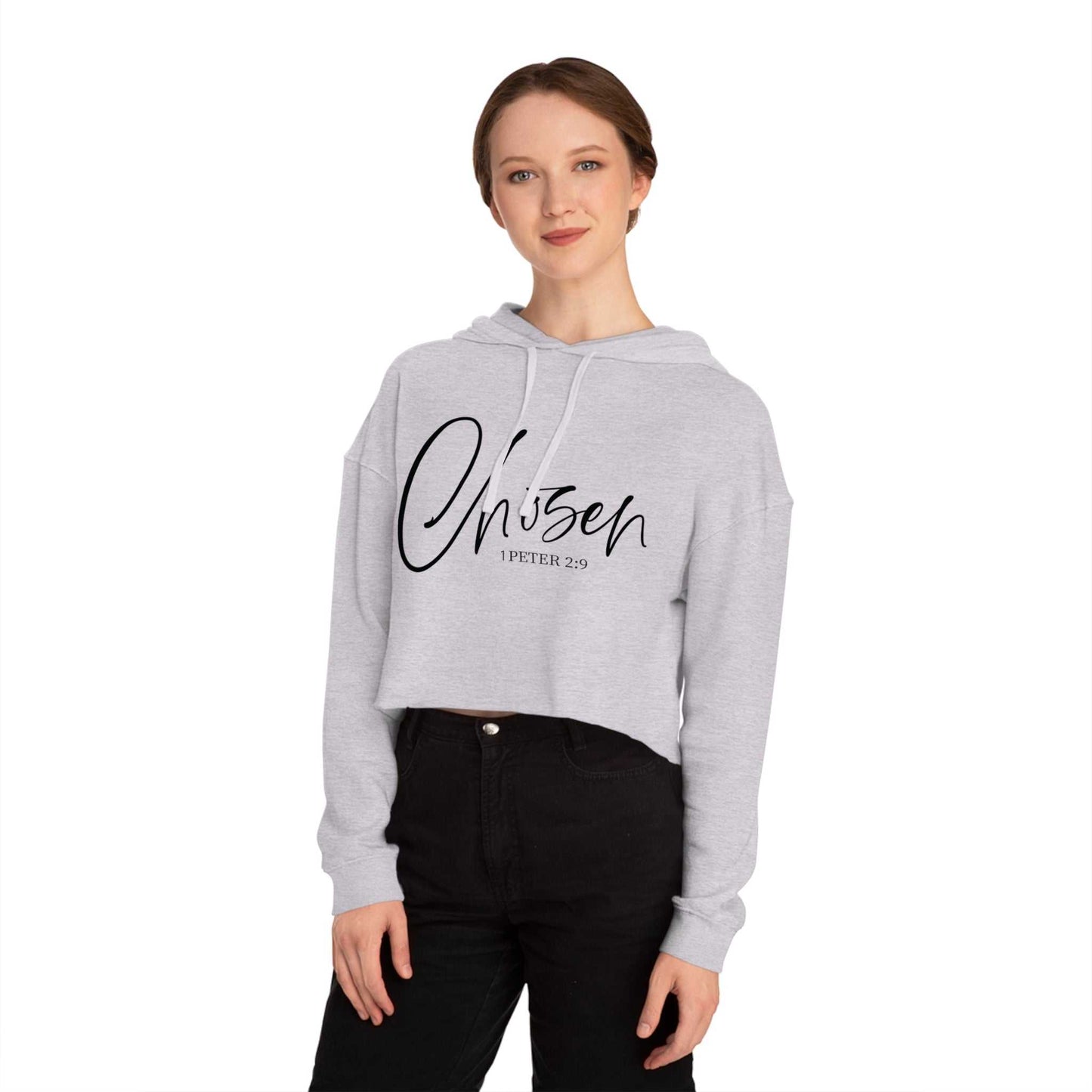 Faith-Inspired Cropped Sweatshirt — "Choosen" with 1 Peter 2:9 - Dream Studio Prints