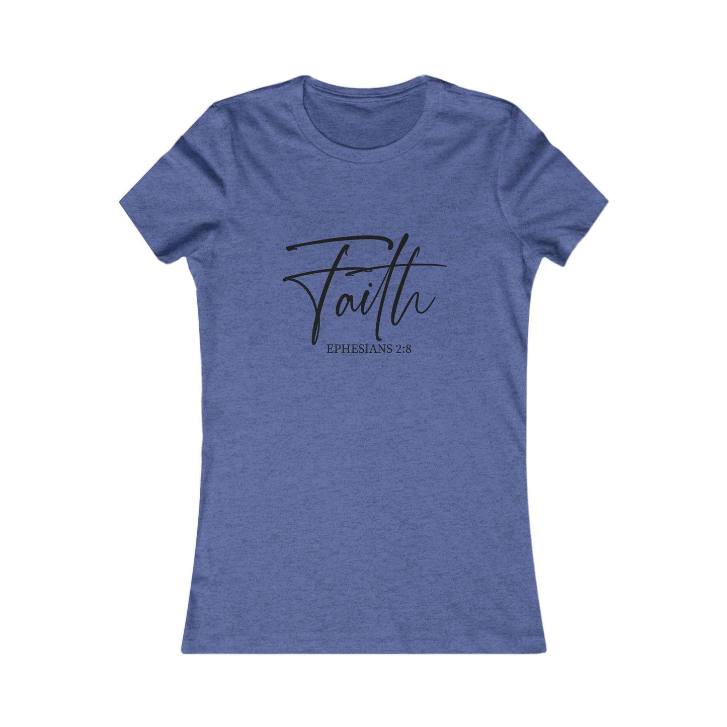 Heather blue Faith Script Women’s Tee with black 'Faith' script and Ephesians 2:8 verse, perfect for spiritual and casual outfits.