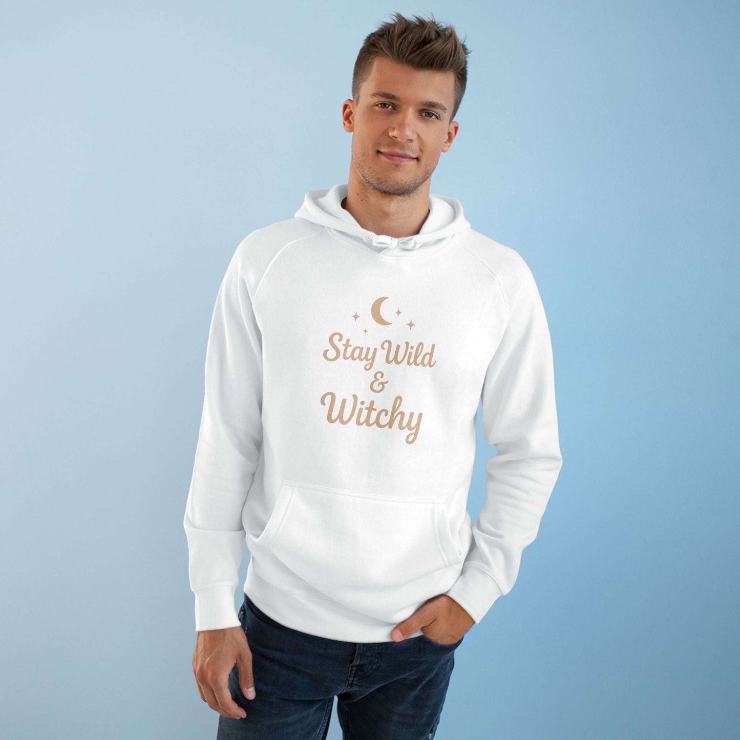 Man wearing white Witchy Supply Hoodie with 'Stay Wild & Witchy' text, great for casual and magical everyday outfits.