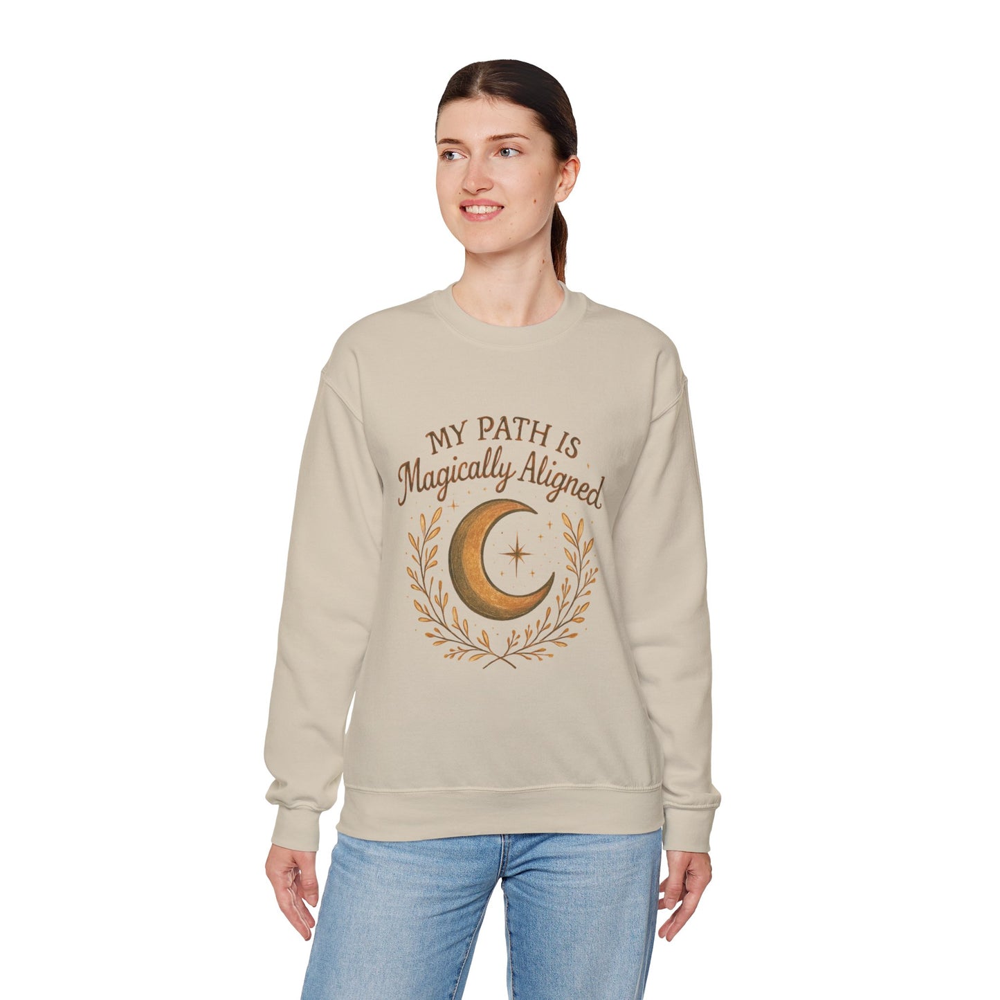 Unisex beige My Path Is Magically Aligned Crescent Moon Sweatshirt displayed on standing model, perfect for witchy and mindful fashion.