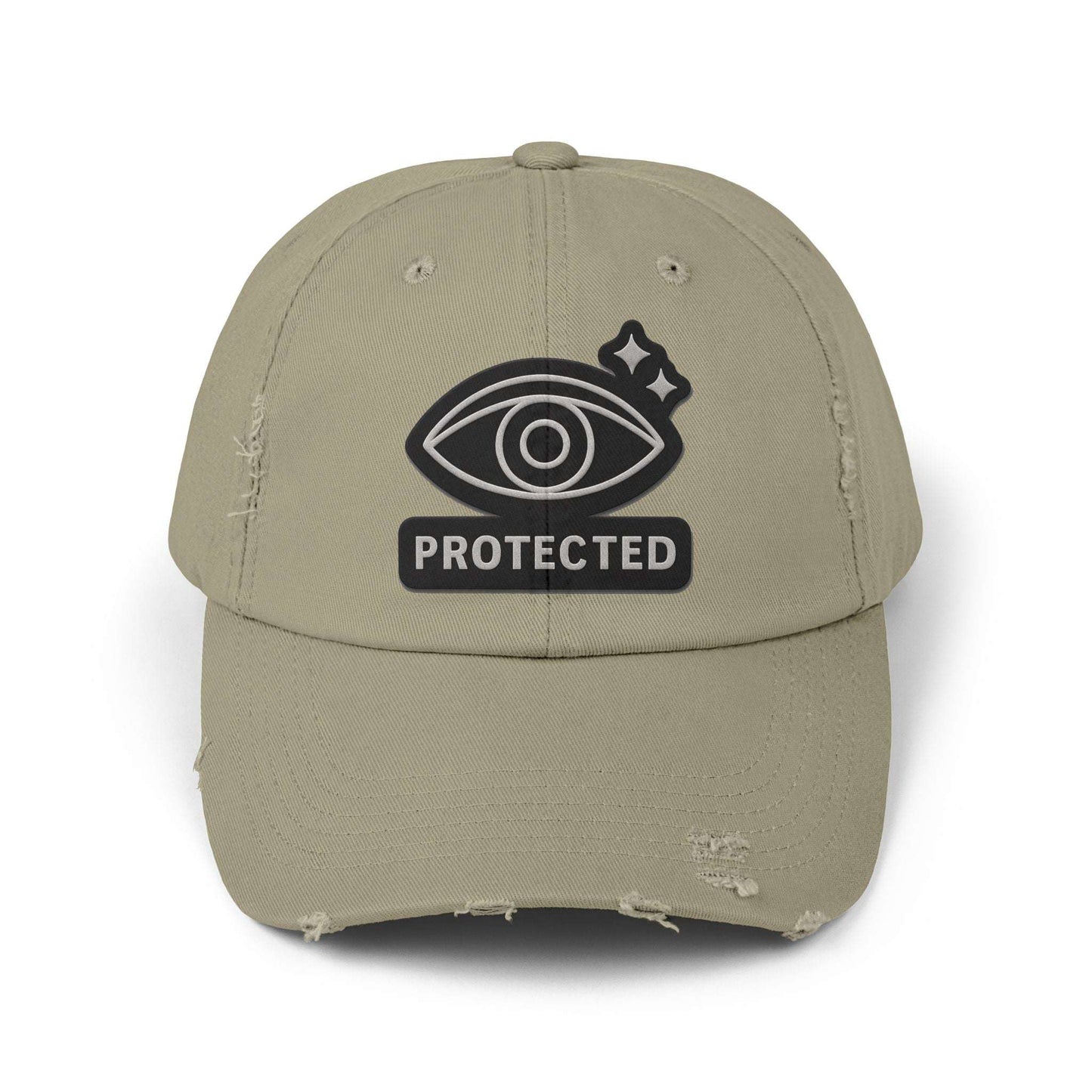 Olive green Protected Eye Distressed Dad Hat with embroidered eye design. Low-profile unisex cap for everyday streetwear.