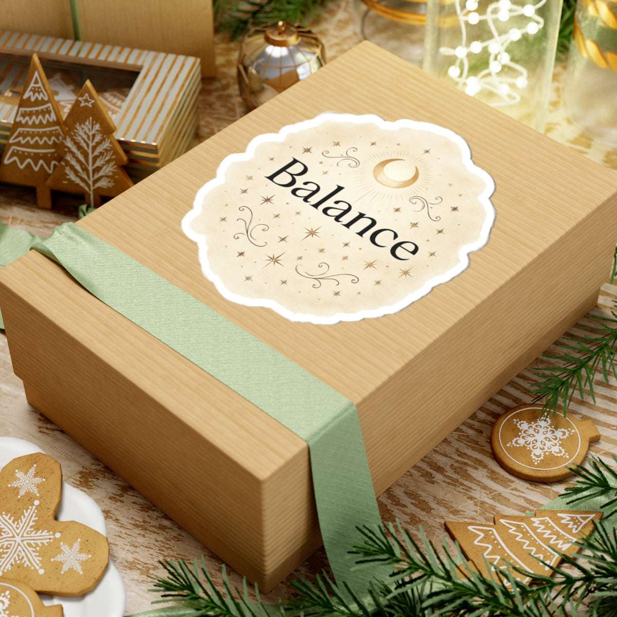Balance themed round sticker placed on a neutral background, featuring elegant gold floral accents and inspirational typography.”
