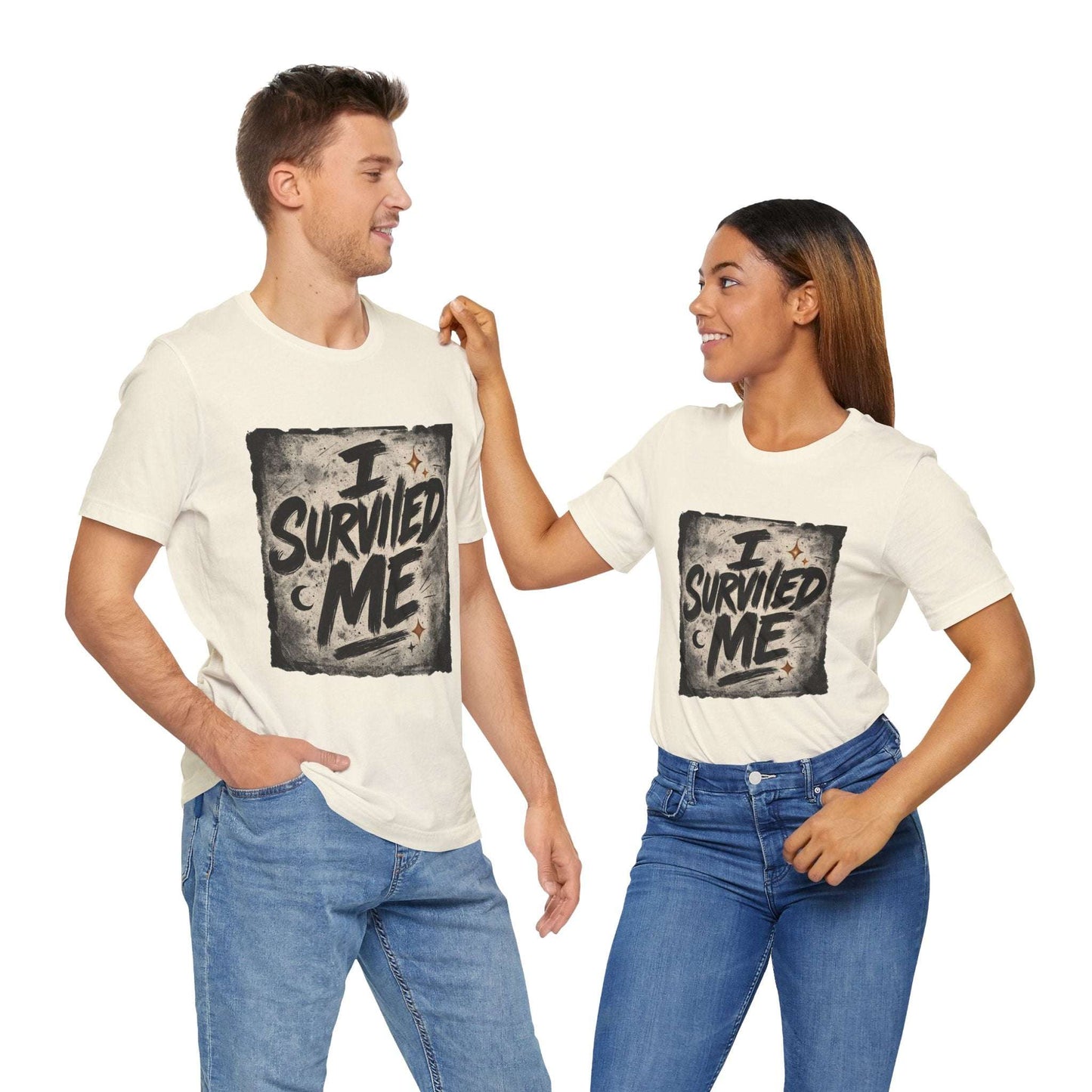 Couple wearing matching cream Survivor Grunge Graphic Tees with 'I Survived Me' print, showcasing unisex fit and positive message.
