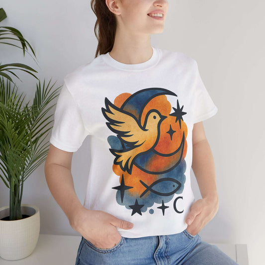 Dove & Crescent Moon Graphic Tee — Spiritual Dove Fish Symbol T-Shirt - Dream Studio Prints