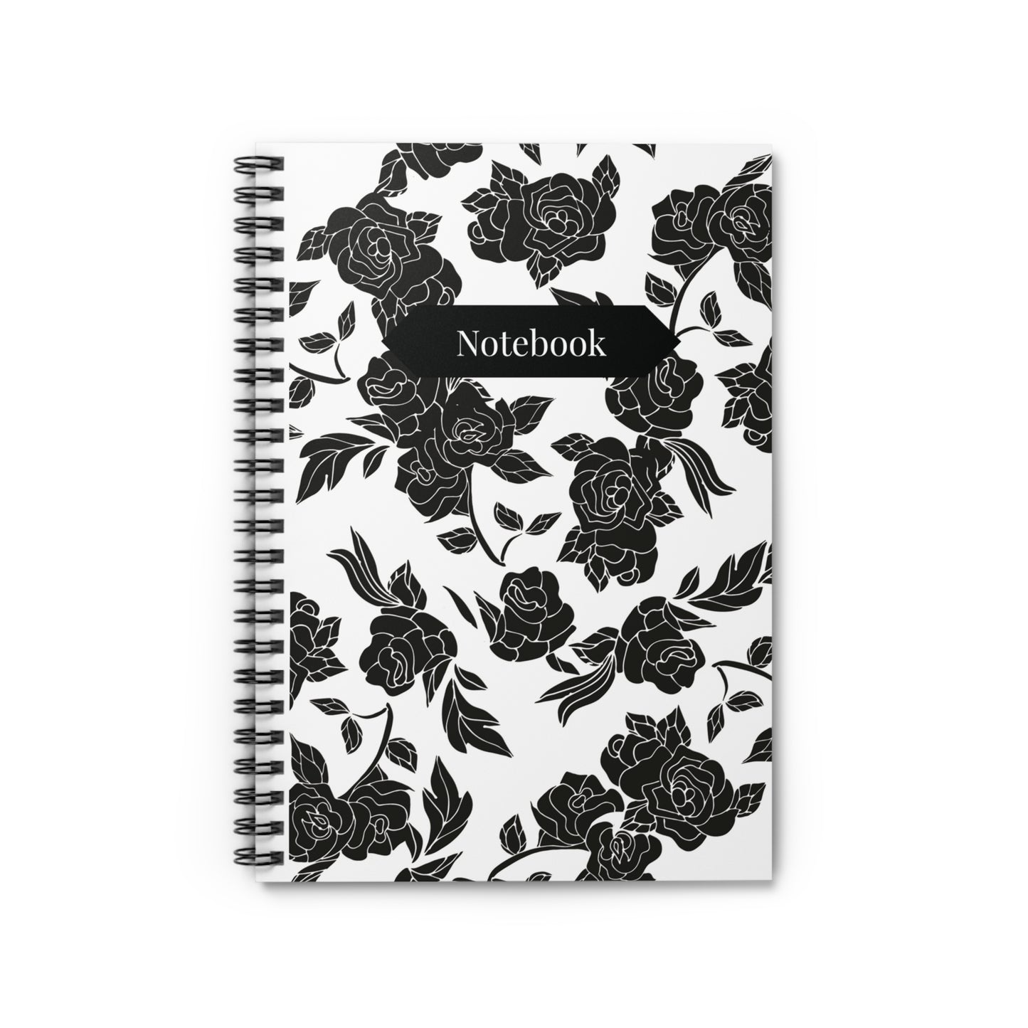 Notebook with black floral pattern on a white background
