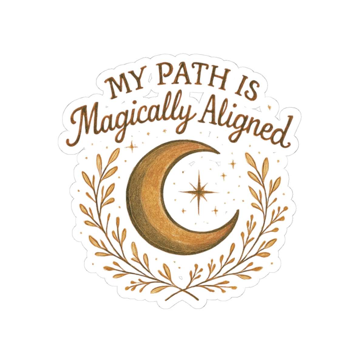 Close-up of Crescent Moon 'My Path Is Magically Aligned' sticker with celestial stars and botanical border, perfect for spiritual and boho paper products.